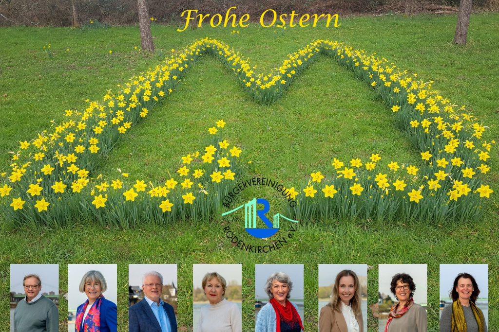 Frohe Osterfeiertage! Blühende Narzissen zeigen den Kölner Dom in Finkens Garten. 